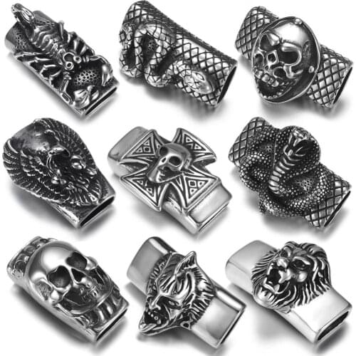 Stainless Steel Punk Slider Beads Skull Animal Slide Charms Fit 12*6mm Flat Leather DIY Mens Bracelet Jewelry Making Supplies