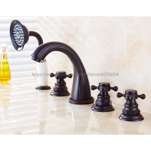 Black Oil Rubbed Brass Deck Mounted 3 Handles Bathroom Tub Faucet 5 Holes Hand Shower Sink Mixer Tap Ntf056