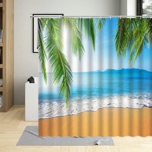 Sunny Beach Curtains Sea Scenery Bath Coconut Tree Printed Bathroom Decor Nature Pattern Shower Curtain Photographic Background