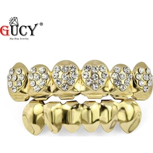 GUCY Hip Hop Heart-Shaped Teeth Grills Caps Gold Color Plated With Crystals Top&Bottom GRILL Set Silicone Teeth Grillz Party