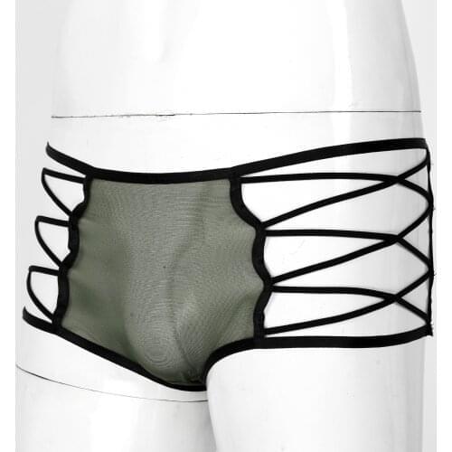 Cotton Men Boxer Brief Underpants Exotic Hollow Out Silky Panties Crisscross Mid Waist Translucent Sexy Underwear Casual Bedtime