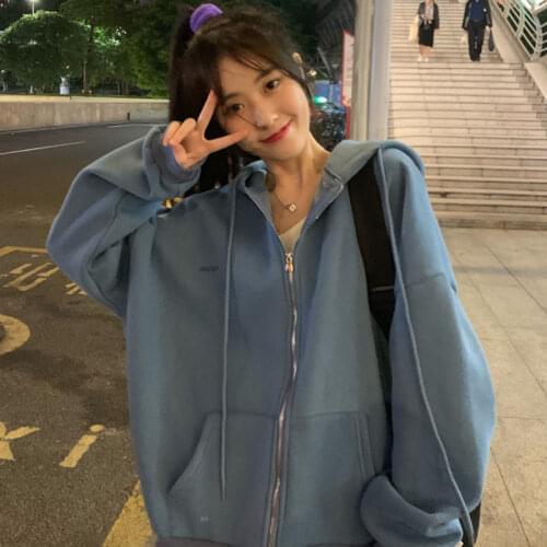 Korean Hoodies For Women Vintage Ladies Long Sleeve Oversized Hooded Zipper Sweatshirt White Shirts Sudaderas Para Mujer 2020