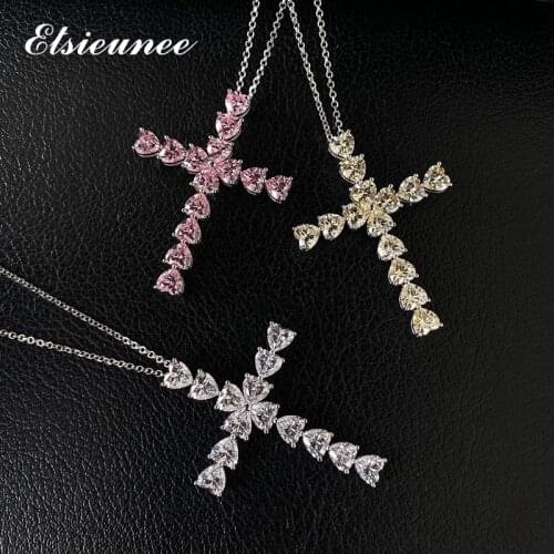 ELSIEUNEE Solid Silver 925 Jewelry Cross Pendant Necklaces Simulated Moissanite Sapphire Gemstone Wedding Necklace Wholesale