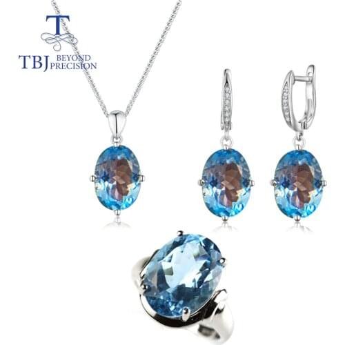 Big size sky blue topaz gemstone Jewelry set oval cut 10*14 pendant earring 12*16mm ring 37ct real gemstone jewelry 925 silver