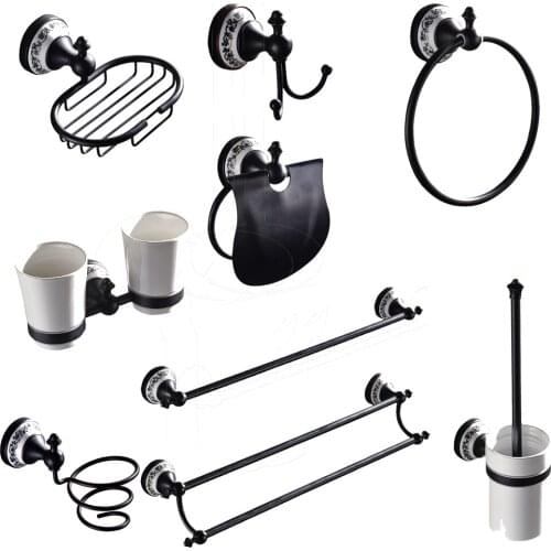 Leyden ORB Brass Bathroom Hardware Sets Black Wall Mounted Towel Bars Robe Hooks Hair Dryer Holder Toothbrush Holders Towel Ring