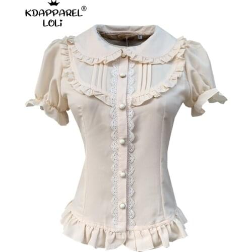 Summer Sweet Women Shirts Lolita Tops Short Sleeve Girls Blouse Cute Lace Ruffle Chiffon Breathable Bottoming Doll Collar Female