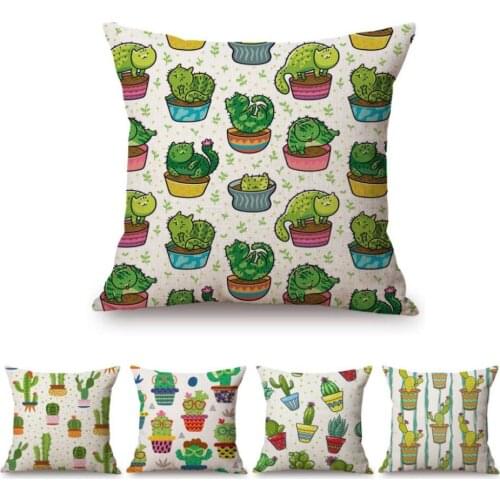 Lovely Cute Potted Cactus Cacti Flower Succulents Pattern Home Decoration Sofa Throw Pillow Case Cotton Linen Car Cushion Cover