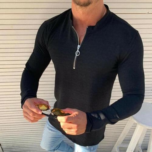 Fashion Mens Slim Fit V Neck Zipper Long Sleeve Muscle Tee Solid T-shirt Casual Tops Blouse
