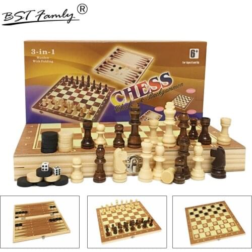 Wooden Chess Set Backgammon Checkers 3 in 1 Travel Chess Game Wooden Chess Pieces and Board for Kids Adult Three Gameplay I1