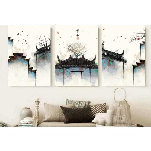 Set of 3 Prints Vintage Room Art Poster Chinese Style Old House Birds Canvas Painting Wall Art Ink Painting Picture Poster Decor