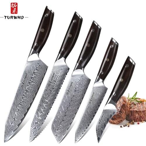 TURWHO 5PCS Kitchen Knife Set VG10 Damascus Steel Big Cleaver Chef Knives Red sandalwood Handle