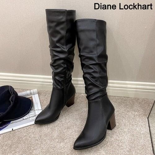 New Brand Women Boots Thick High Heels Autumn Winter Shoes Cowboy Western Knee High Boot Women Slim Pleated Boots Plus Size 41