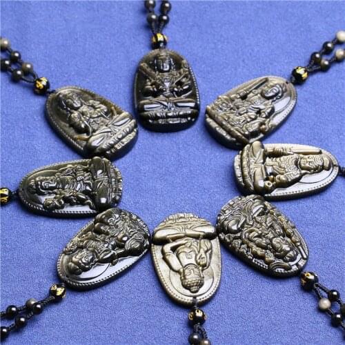 Wholesale natural gold Obsidian life Buddha pendants necklace 12 zodiac lucky amulet necklace men and women