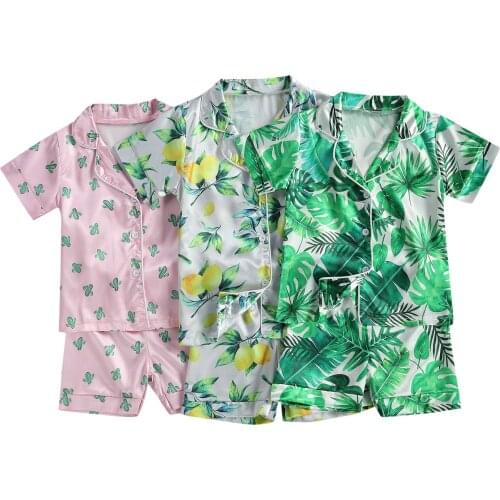 Childrens Two Piece Summer Pajamas Kids Jungle Plant Printed Lapel Collar Shirt Elastic Waist Shorts