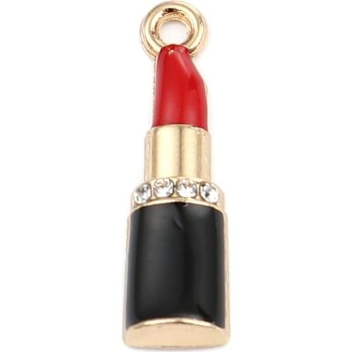 10PCs Zinc Based Alloy Makeup Charms Lipstick Gold Color Black & Red Enamel Clear Rhinestone 26mm x 7mm