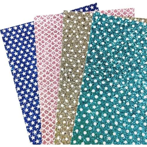 Star/Polka Dot Printed Colorful Chunky Glitter Synthetic Leather Fabric Sheet for Making Decorative/Hair Bow/DIY Accessories