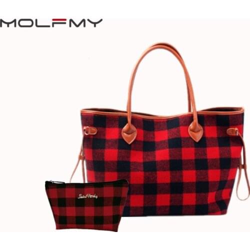 2021 Christmas Womens Canvas Handbag Plaid Tote Bag 2 Pcs Set Red And White Check Bag Travel Shoulder Bag Storage Cosmetic Bag