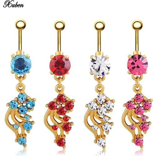 316L gold Surgical Steel Bumble Bee Womens Rhinestone flower Dangle Barbell Body Piercing Belly Navel Bar Ring1005