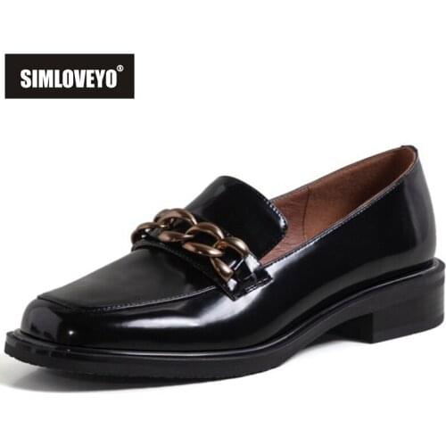 SIMLOVEYO 2021 Fashion Genuine Leather Ladies Flats Round Toe Chains Lofers 2.5cm Chunky Heel Shoes Size 34-40 Black Brown A4261