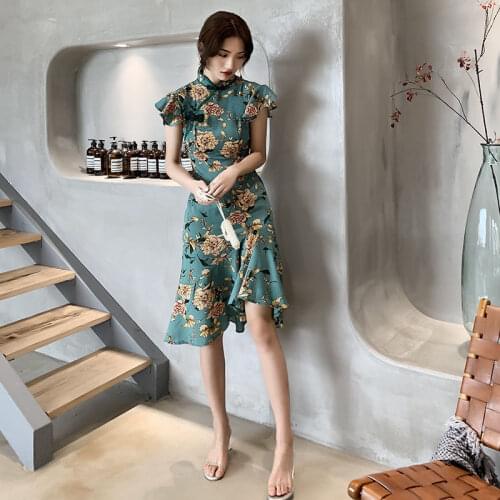 Traditional Chinese Clothing Bodycon Vintage Dress 2021 Summer Cheongsam Qipao Tunic Dress Floral Print Ruffle Dress MH705