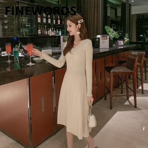 FINEWORDS Vintage Autumn Knitted Beige Korean Dress Women Long Sleeve V Neck Winter Sweater Dress Slim Pleated Casual Dresses