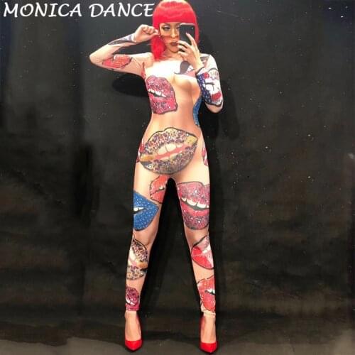 Ladys Kiss Lips Nightclubs Sexy Stage Crystals Bodysuit Diamonds Coloful Outfit Stage Dance Women Costume Singer Birthday Wear