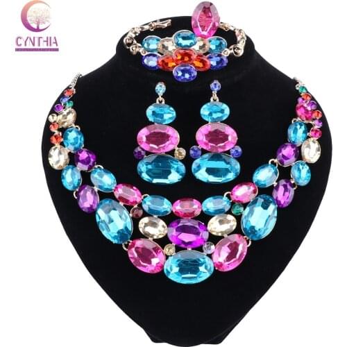 Womens New Fashion Gold-color CZ Crystal Rhinestone Necklace Earrings Bracelet Ring Wedding Jewelry Sets