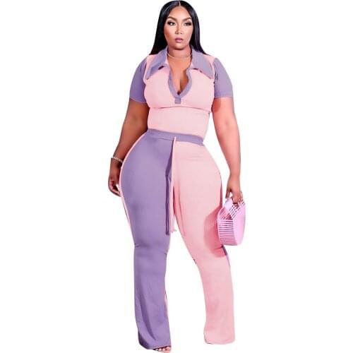 RStylish Plus Size 2021 Summer Fashion Color Contrast Patchwork T Shirt Straight Pants Women 2 Piece Set