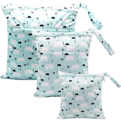 3Pcs Wet Dry Bag with 2 Zippered Pockets and Snap Handle for Cloth Diaper, Swimsuit, Clothes, Ideal for Travel, Exercise