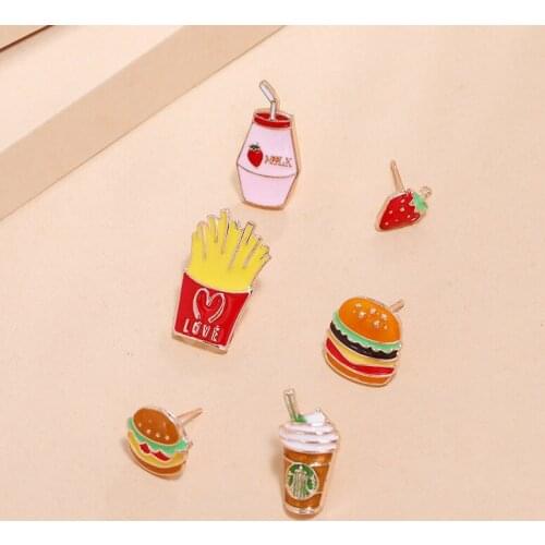 6Pcs/Set Cartoon Small Ear Stud Women Creative Fruit Strawberry Milk Hamburg Earrings Food Funny Jewelry Girl Birthday Gift