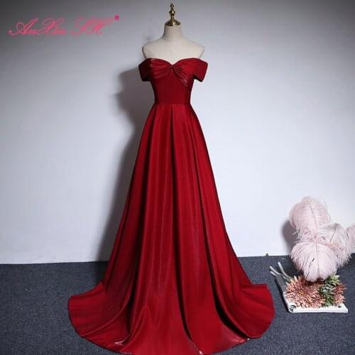 AXJFU princess wine red satin evening Dress vintage party boat neck bride big bow host ruffles lace up a line red evening dress