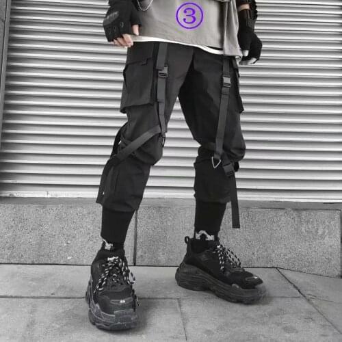 Techwear Pants Hip-hop Jogger Mens Ribbon Mens Sports Pants Streetwear Black Harem Overalls Multi-pocket Mens Casual Pants