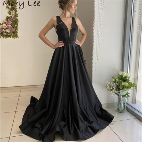 Black Evening Dresses 2021 V-Neck Sleeveless A-Line High Quality Satin Backless Evening Dresses vestidos de fiesta de noche