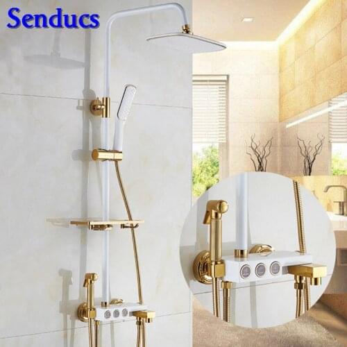 Senducs White Gold Bath Shower Set with Qualtiy Brass Bathroom Bidet ABS Hand Shower Water Saving White Gold Shower Set