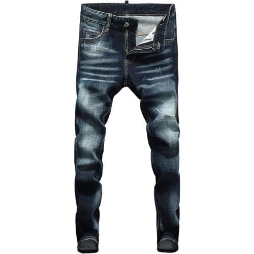 European Vintage Fashion Men Jeans Retro Blue Elastic Slim Fit Ripped Jeans Men Plain Washed Casual Cotton Denim Designer Pants