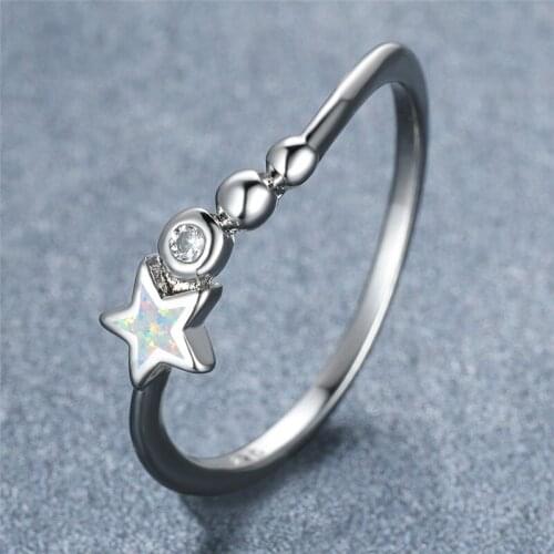 Dainty Female Blue White Star Opal Stone Ring Cute Round Crystal Engagement Ring Charm Silver Color Thin Wedding Rings For Women