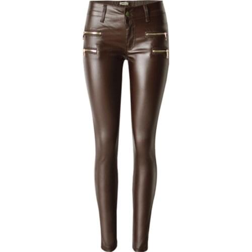 Coffee PU Leather Skinny Low Waist Casual Women Pants Fashion Belt Buckle Pencil Pants Women Spring Autumn Sexy Trousers