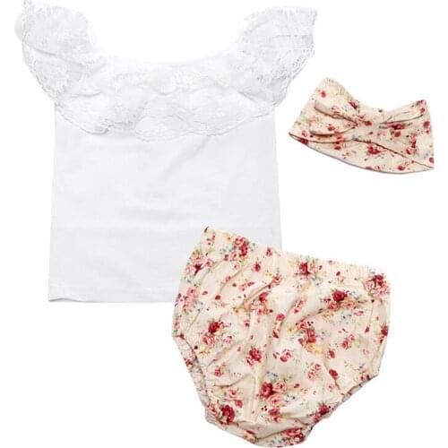 Newborn Baby Girl Sets Infant Summer 3 Piece Suit Clothings Solid Short Tops+Printed Briefs+Bow Headband Hooded Toddler Costumes