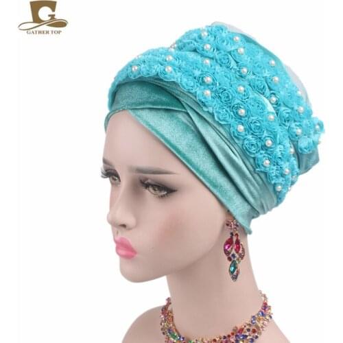 New Luxury Women Velvet Turban Headband 3D beaded flower Extra Long Velvet Turban Head Wraps Hijab Head Scarf Turbante