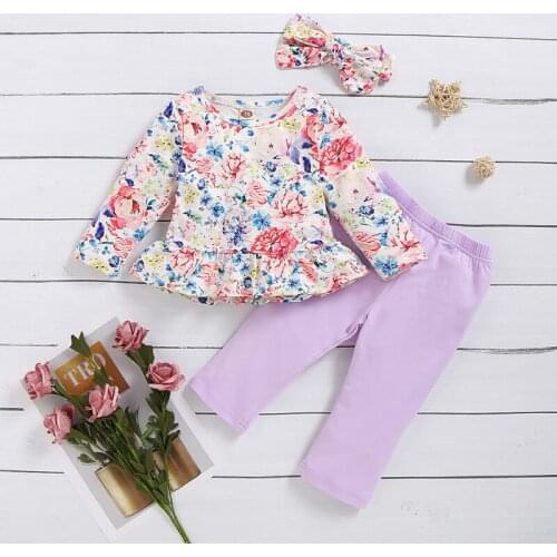 Baby Girl Flower Clothes T-Shirt Tops +Long Leggings Pants+Headbands Casual Outfits Cotton Long Sleeve Clothing
