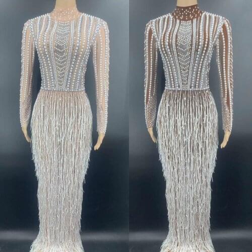 Sexy Pearls Rhinestone Perspective Dress Women Crytal Tassel Party Evening Dress Club Prom Bodycon Dress Singer Stage Outifts