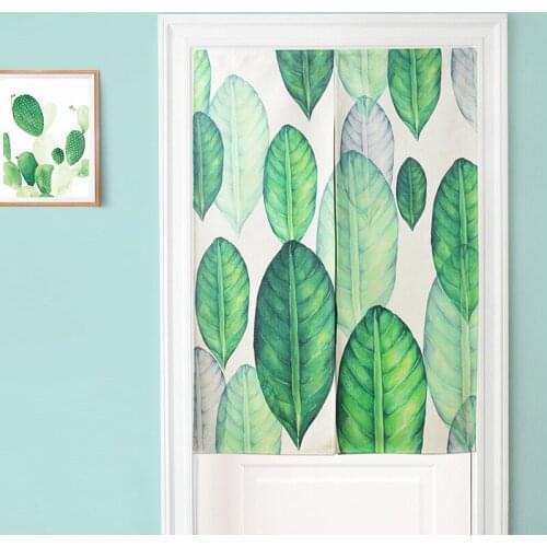 Japanese style green plant leaves fabric cotton linen half door curtain study partition bedroom kitchen home decoration window