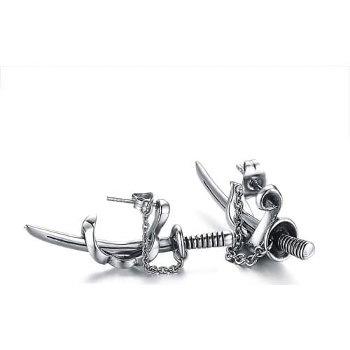 New Fashion Samurai Scimitar Sword Stud Earrings For Men Vintage Stainless Steel Katana Ear Piercing Punk Jewelry