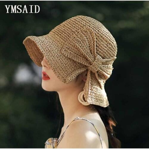 Ymsaid New Women Summer Simple Bow Large Brim Foldable Sun Hats Handmade Crochet Straw Beach Hat Protection Hat Girl Female