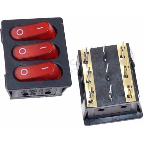 2PCS KCD3-303 Switch 9 Pin Red ON-OFF 16A/250V AC Light Boat Car Rocker Switch KCD3 Triple Light Switch Button