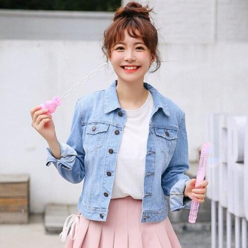 Plus Size Cropped Jean Jacket 2XL Light Blue Bomber Short Denim Jackets Jaqueta Long Sleeve Casual Jeans Coat