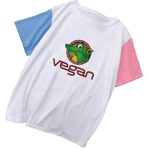 Vegan Crocodile Avocado Print T Shirt Women Summer New Colorblock Spliced Cotton Tops Casual Kawaii Cartoon Streetwear Harajuku