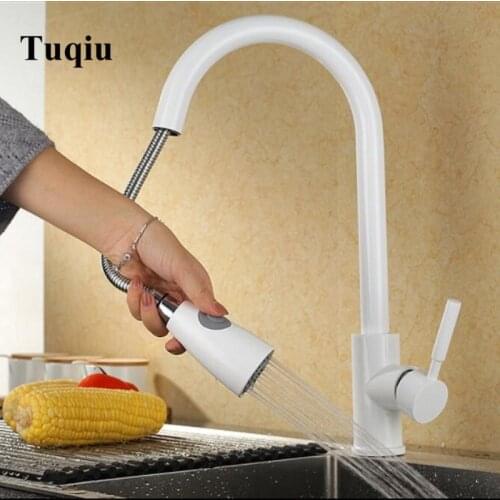Pull Out Sprayer Kitchen Faucet White Deck Mounted 360 Degree Luxury White Hot and Cold Stream Water Mixer Bathroom Tap Sink
