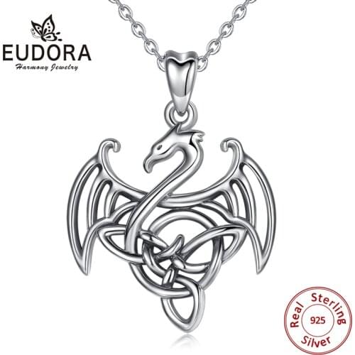 EUDORA Sterling Silver Flying dragon Pendant Necklace vintage Oxidized Silver Dragon Necklace Fashion Jewelry with Gift Box D423