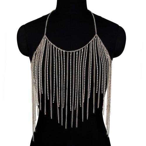 Womens Sexy Tassel Rhinestone Decor Chain Linked Halter Bralette Chest Chain Gothic Punk Fashion Nightclub Jewelry Accessories
